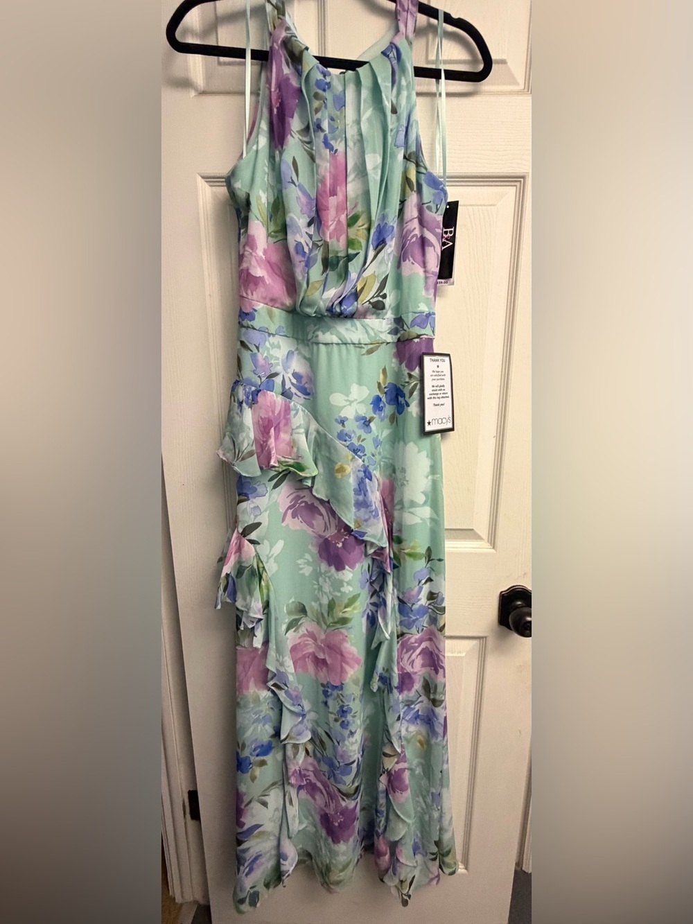 Betsy & Adam Mint Green Aqua Floral Halter Maxi Dress with Purple & Pink Blooms
